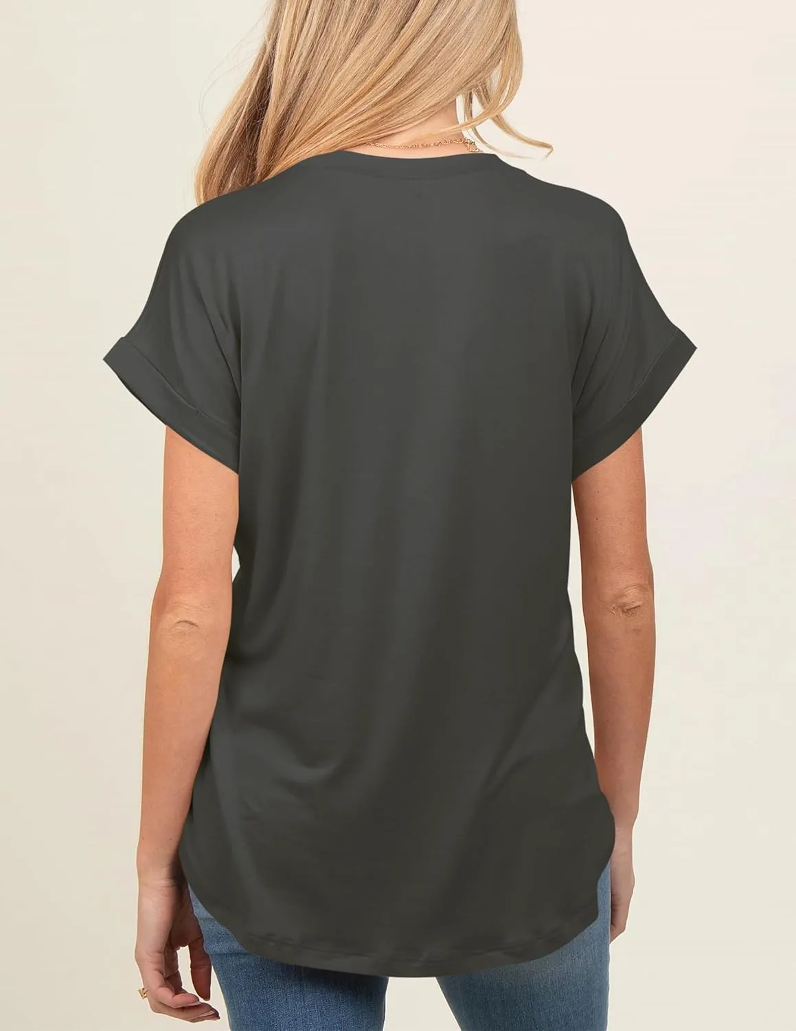 liher Women's Summer Casual V Neck Solid Color Basic Tees Rolled Up Short Sleeve T Shirt Top