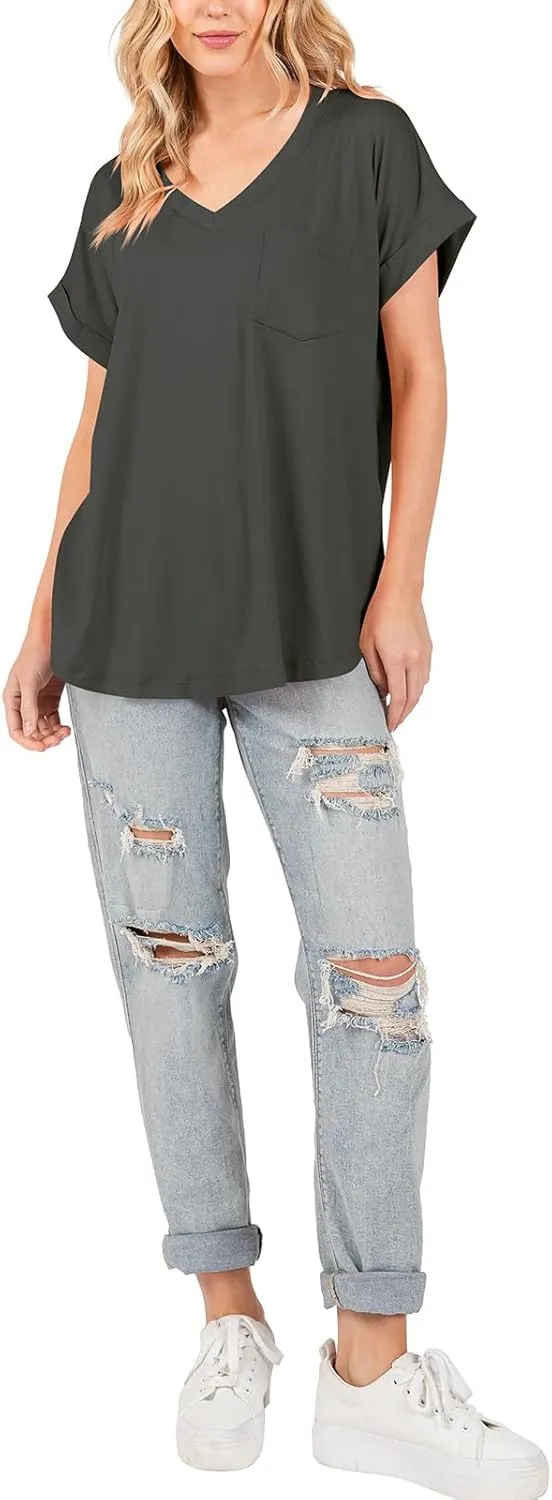 liher Women's Summer Casual V Neck Solid Color Basic Tees Rolled Up Short Sleeve T Shirt Top