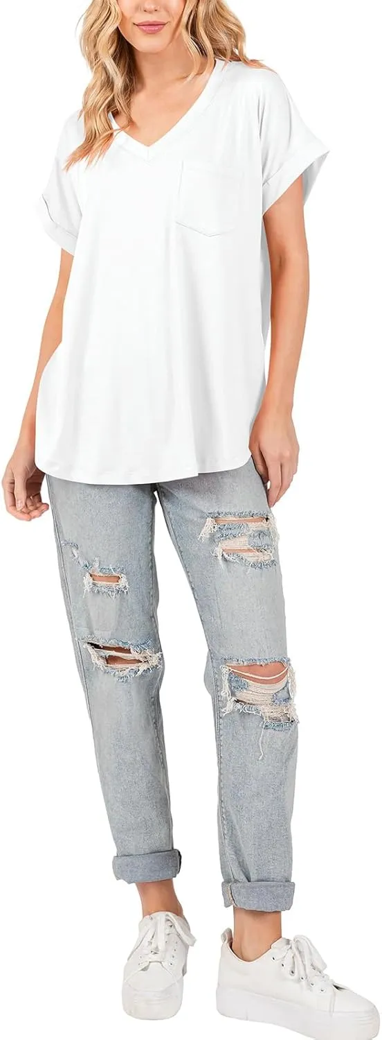 liher Women's Summer Casual V Neck Solid Color Basic Tees Rolled Up Short Sleeve T Shirt Top