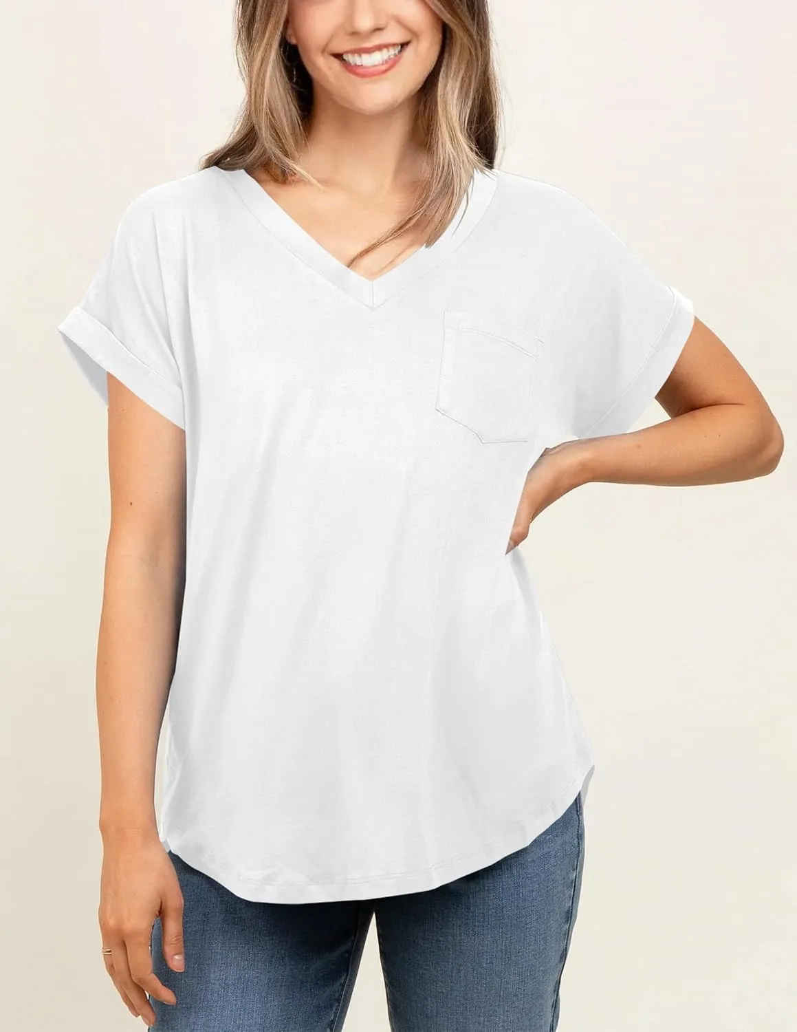 liher Women's Summer Casual V Neck Solid Color Basic Tees Rolled Up Short Sleeve T Shirt Top