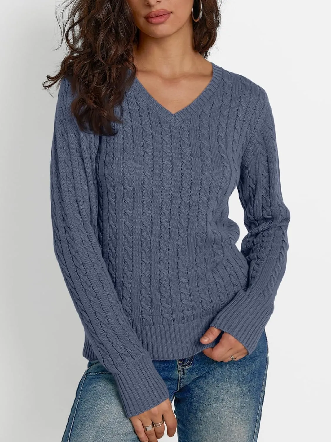 LILLUSORY Women's Cable Knit V Neck Lightweight Soft Pullover Sweaters