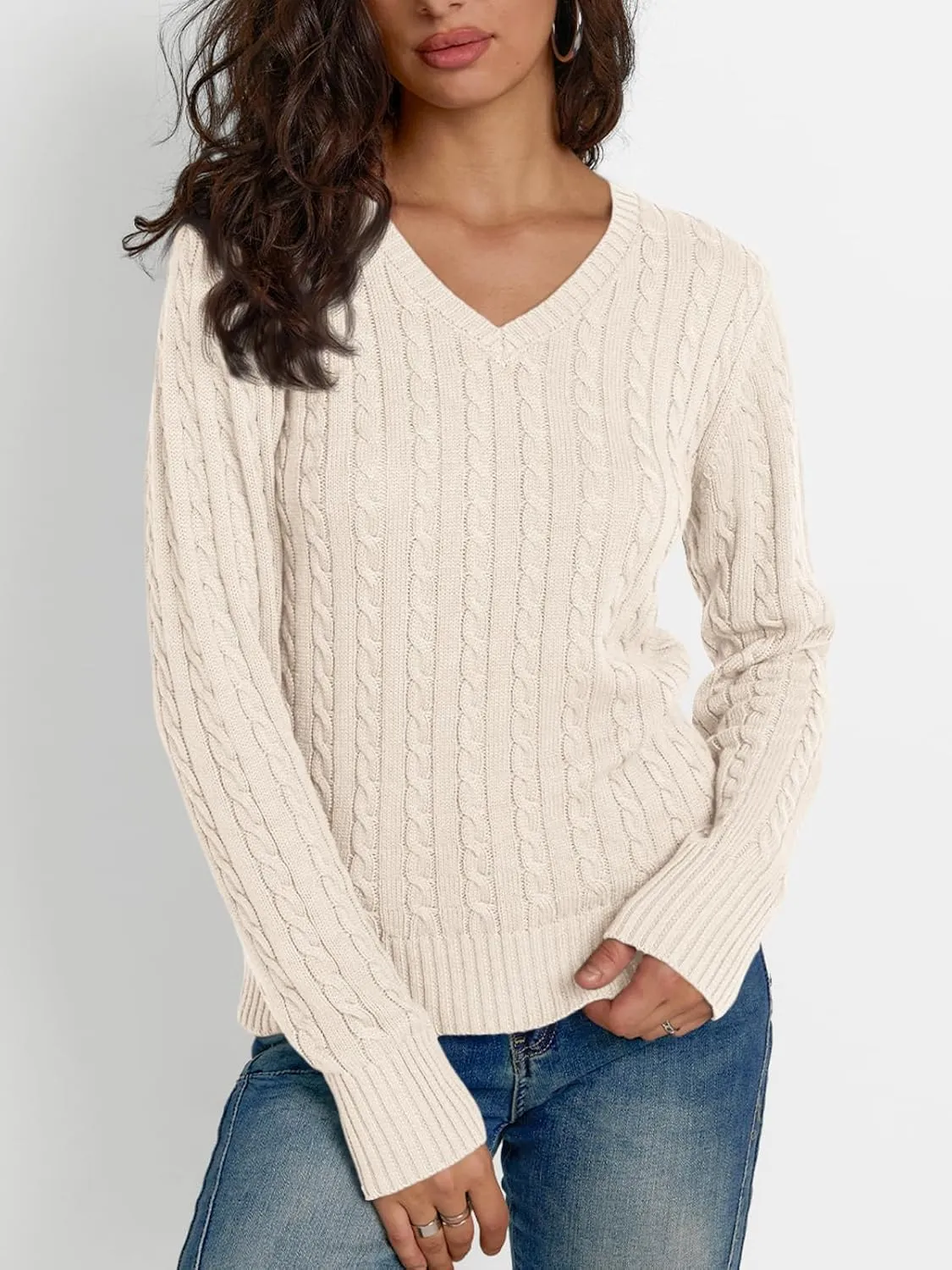LILLUSORY Women's Cable Knit V Neck Lightweight Soft Pullover Sweaters