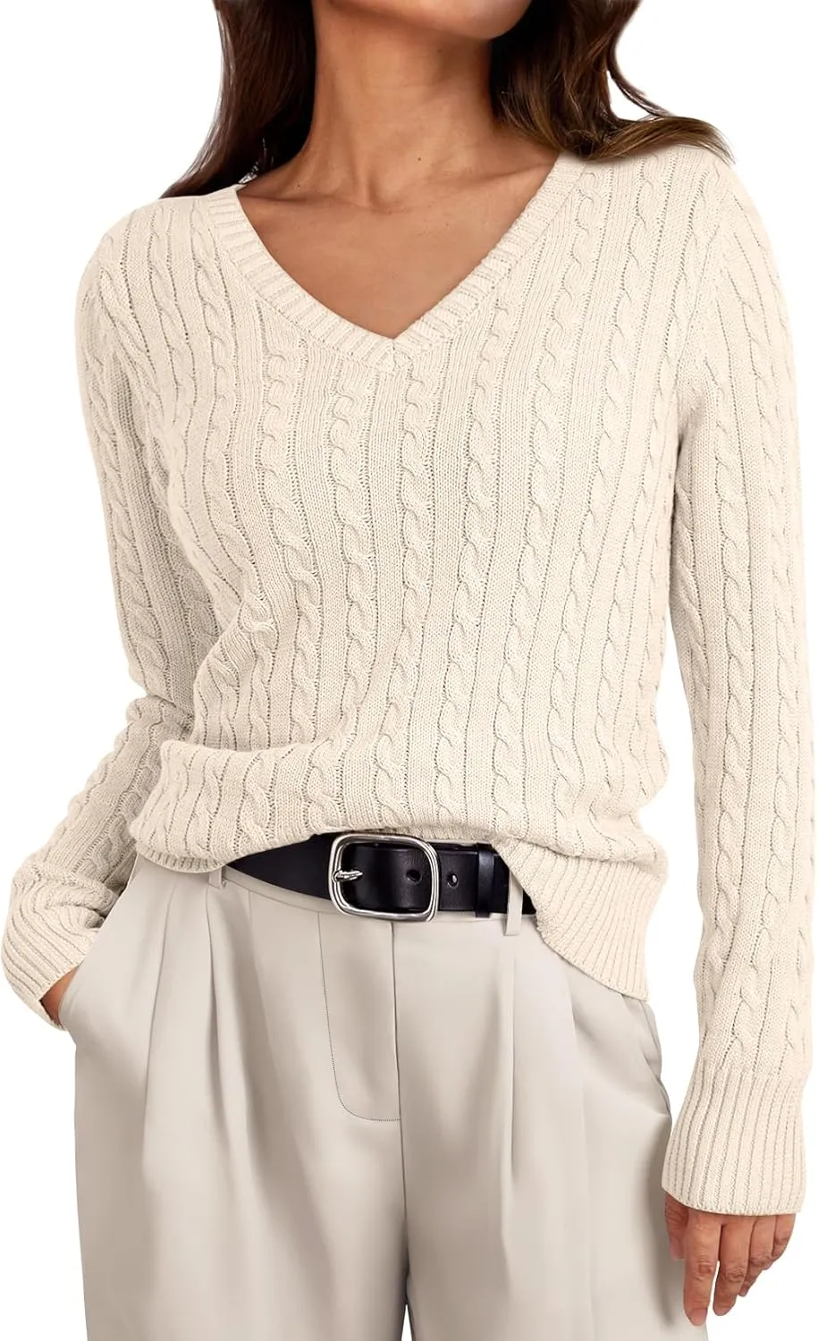 LILLUSORY Women's Cable Knit V Neck Lightweight Soft Pullover Sweaters