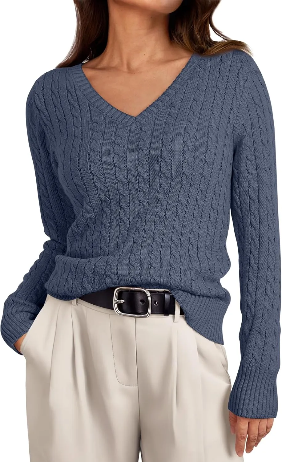 LILLUSORY Women's Cable Knit V Neck Lightweight Soft Pullover Sweaters