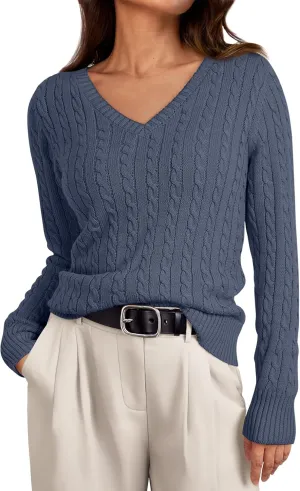 LILLUSORY Women's Cable Knit V Neck Lightweight Soft Pullover Sweaters