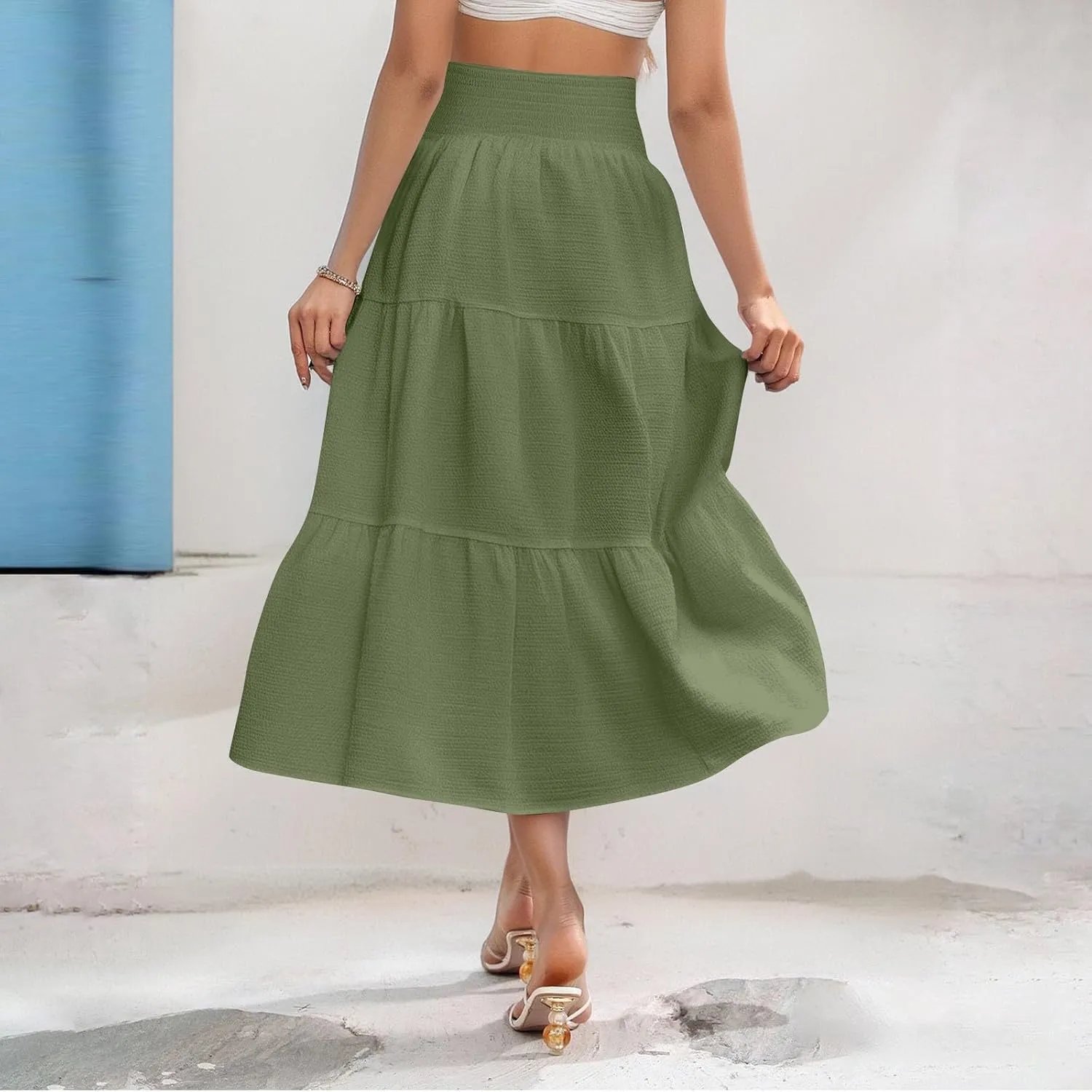 Linen Skirts for Women Smocked High Waisted Tiered Maxi Skirts Boho Summer Midi Length a Line Ruffle Long Flowy Skirts
