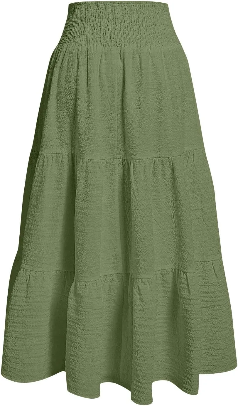 Linen Skirts for Women Smocked High Waisted Tiered Maxi Skirts Boho Summer Midi Length a Line Ruffle Long Flowy Skirts