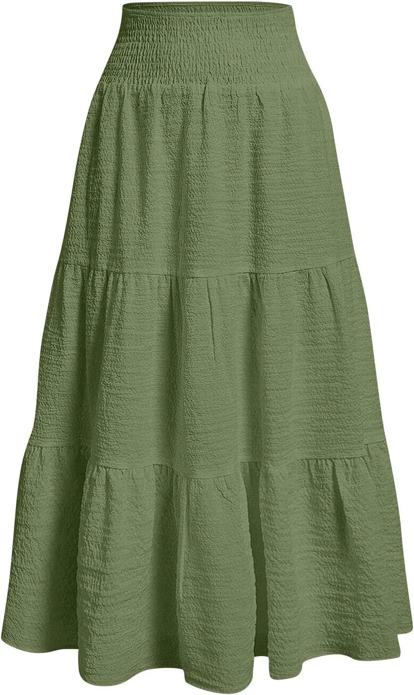 Linen Skirts for Women Smocked High Waisted Tiered Maxi Skirts Boho Summer Midi Length a Line Ruffle Long Flowy Skirts