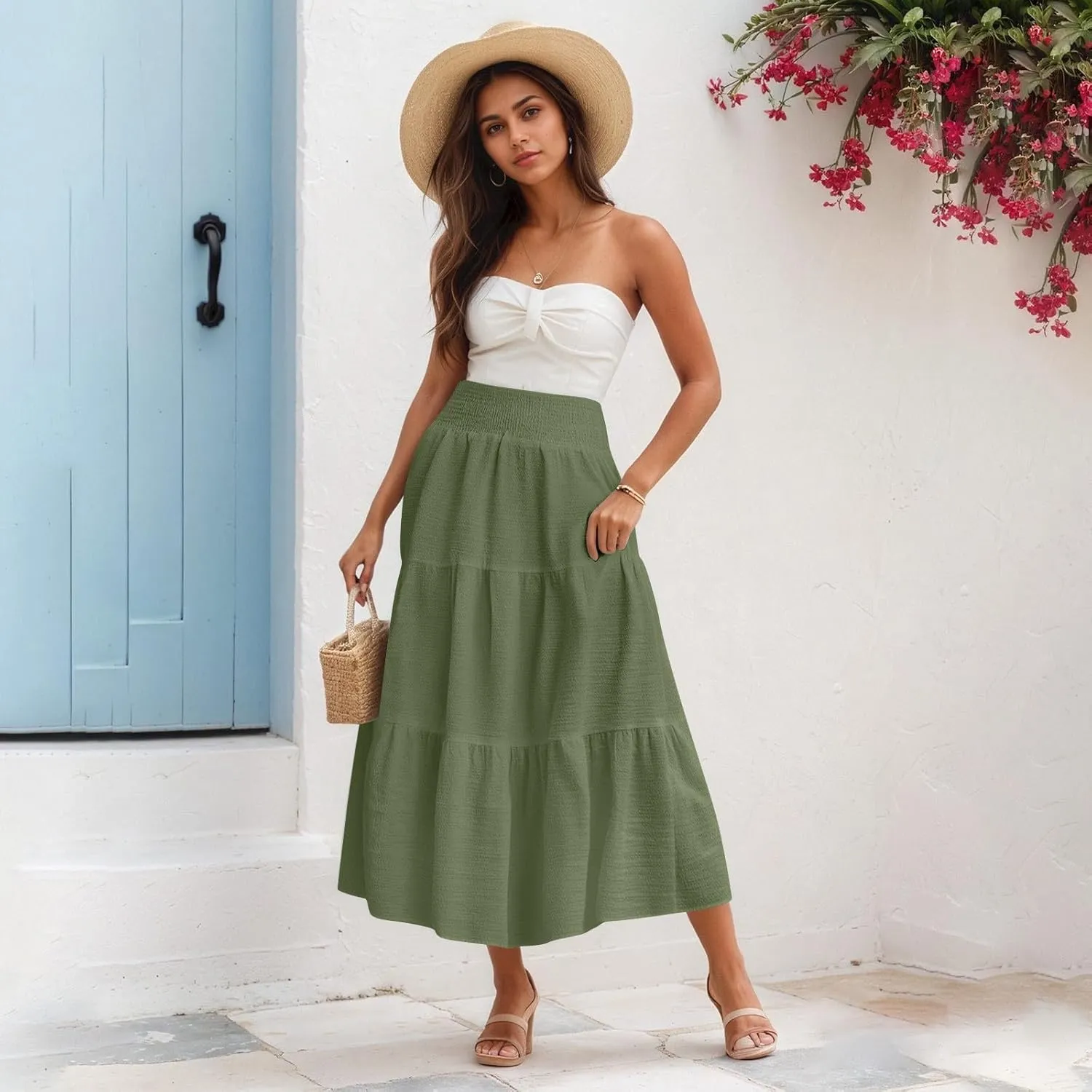 Linen Skirts for Women Smocked High Waisted Tiered Maxi Skirts Boho Summer Midi Length a Line Ruffle Long Flowy Skirts