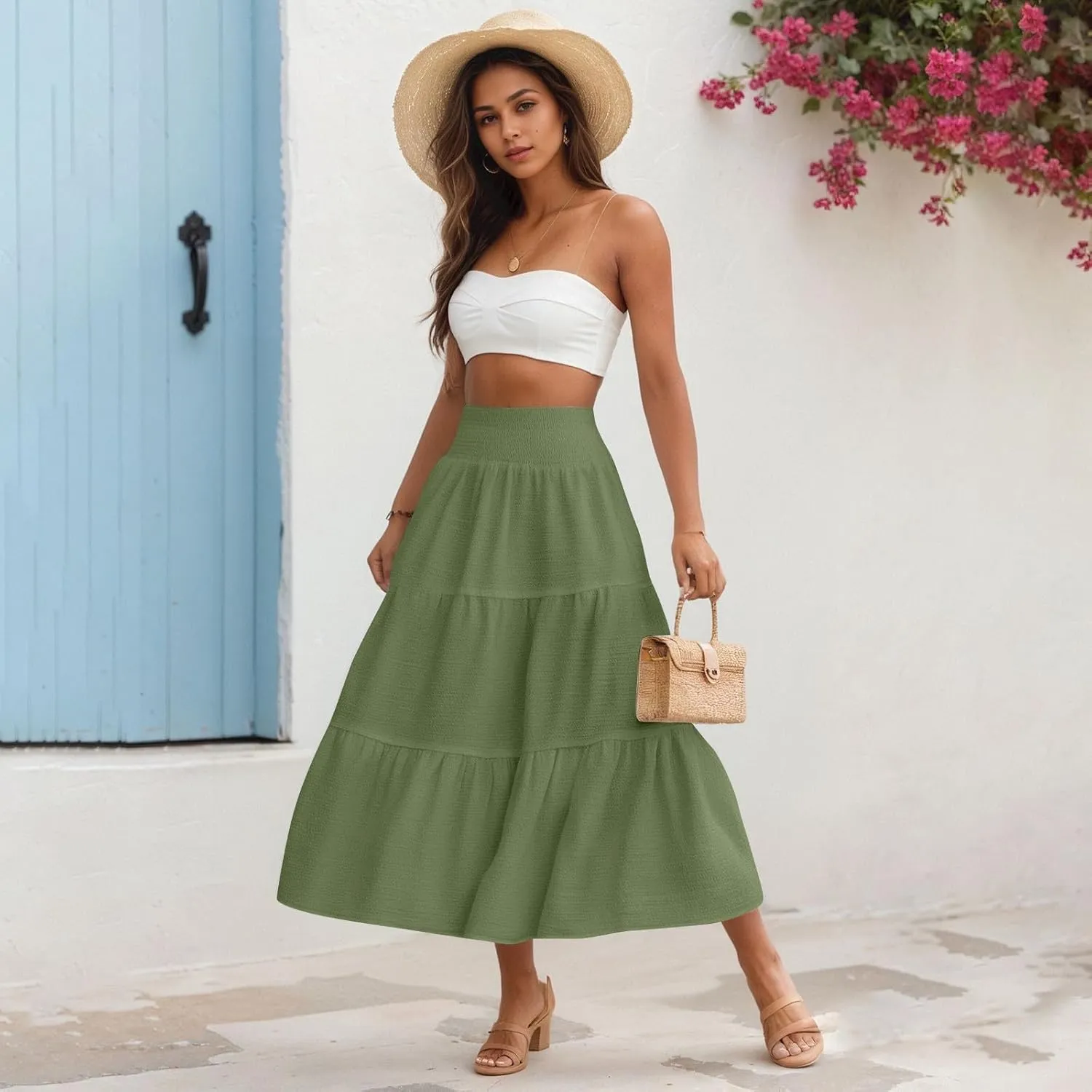 Linen Skirts for Women Smocked High Waisted Tiered Maxi Skirts Boho Summer Midi Length a Line Ruffle Long Flowy Skirts
