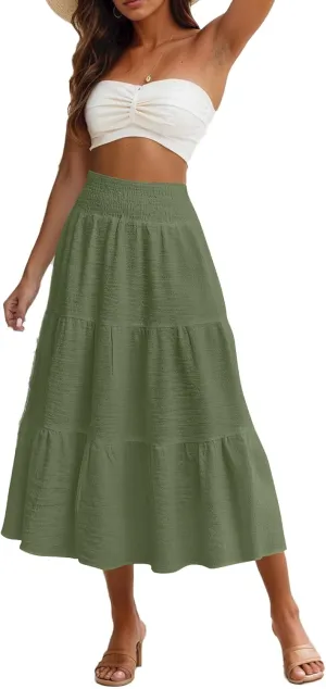 Linen Skirts for Women Smocked High Waisted Tiered Maxi Skirts Boho Summer Midi Length a Line Ruffle Long Flowy Skirts