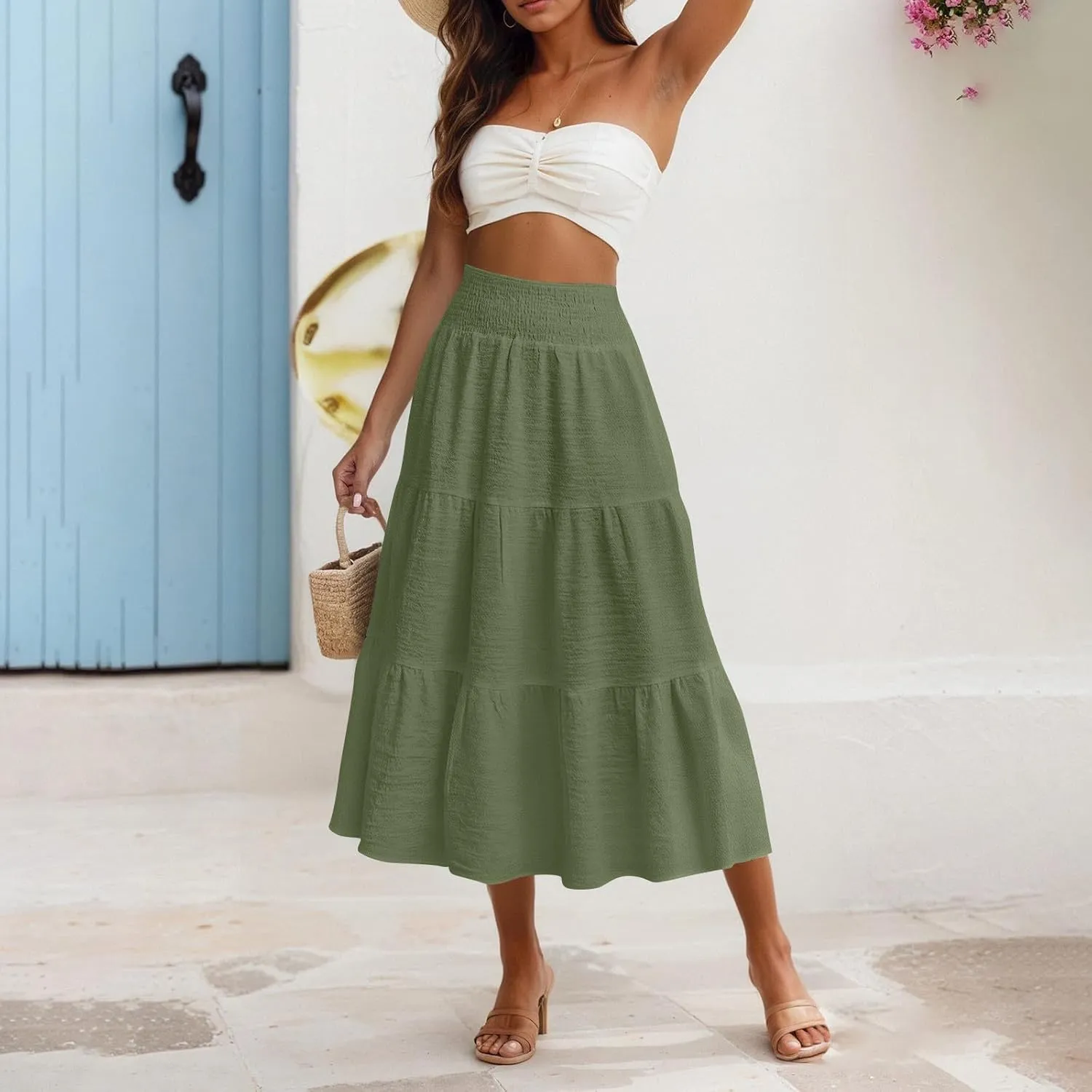 Linen Skirts for Women Smocked High Waisted Tiered Maxi Skirts Boho Summer Midi Length a Line Ruffle Long Flowy Skirts