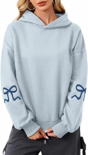 Livtany Women's Bow Trim Print Fleeced Hoodies Oversized Long Sleeve Hooded Sweatshirts Graphic Drop Shoulder Pullover Top