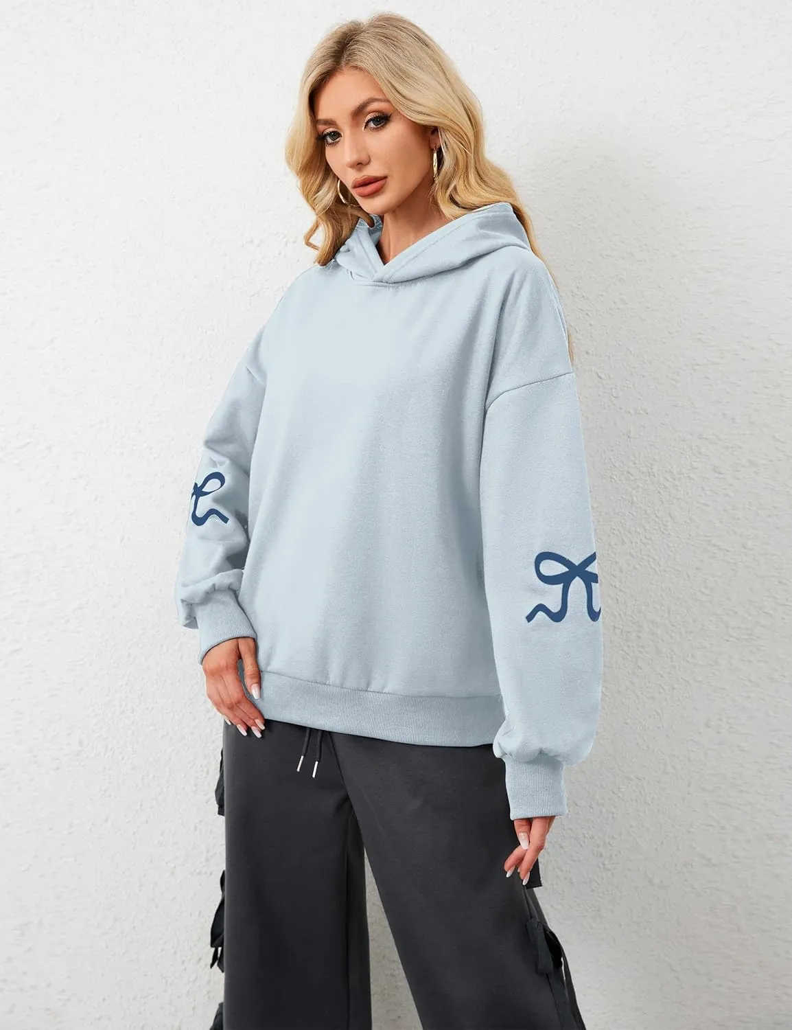 Livtany Women's Bow Trim Print Fleeced Hoodies Oversized Long Sleeve Hooded Sweatshirts Graphic Drop Shoulder Pullover Top
