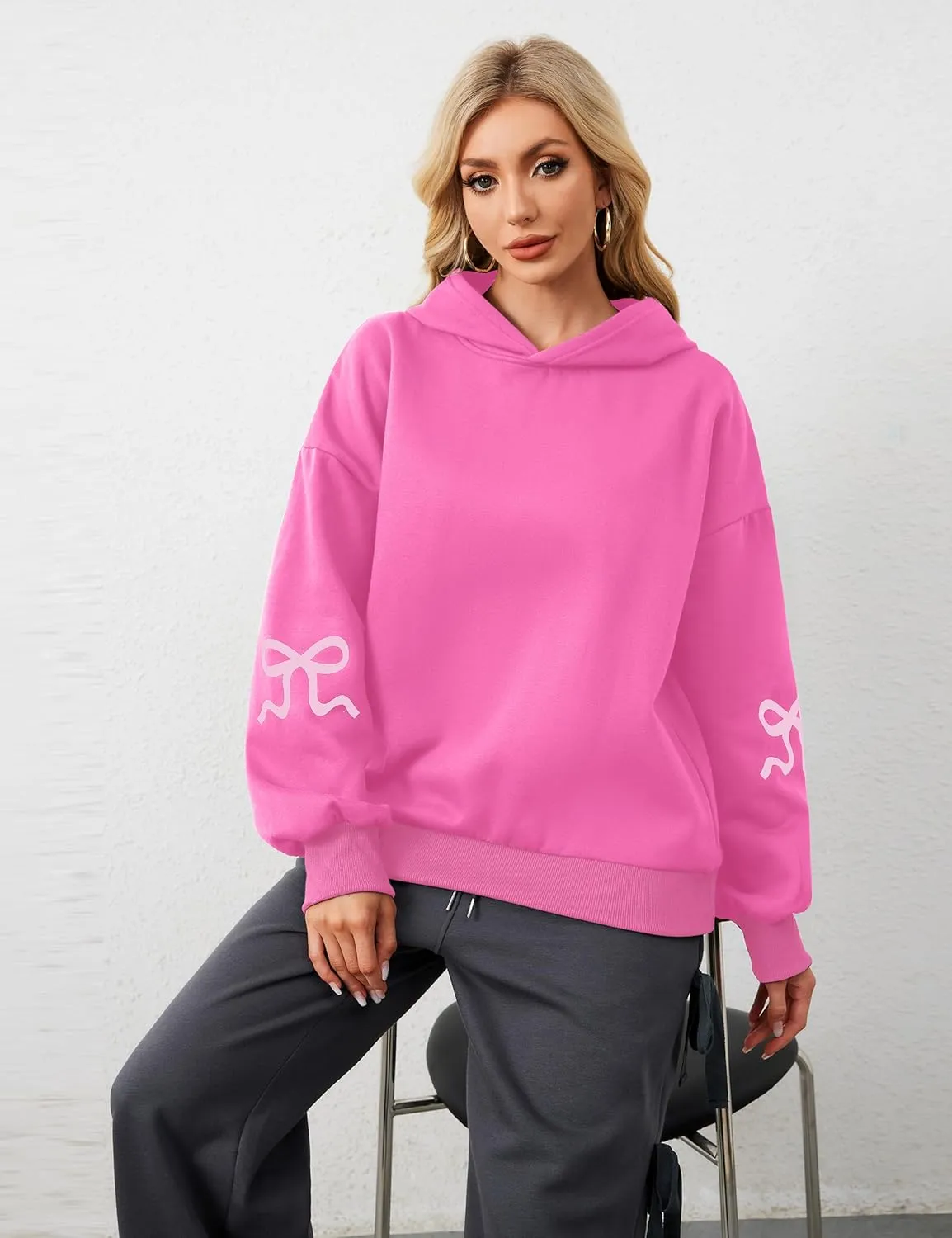 Livtany Women's Bow Trim Print Fleeced Hoodies Oversized Long Sleeve Hooded Sweatshirts Graphic Drop Shoulder Pullover Top