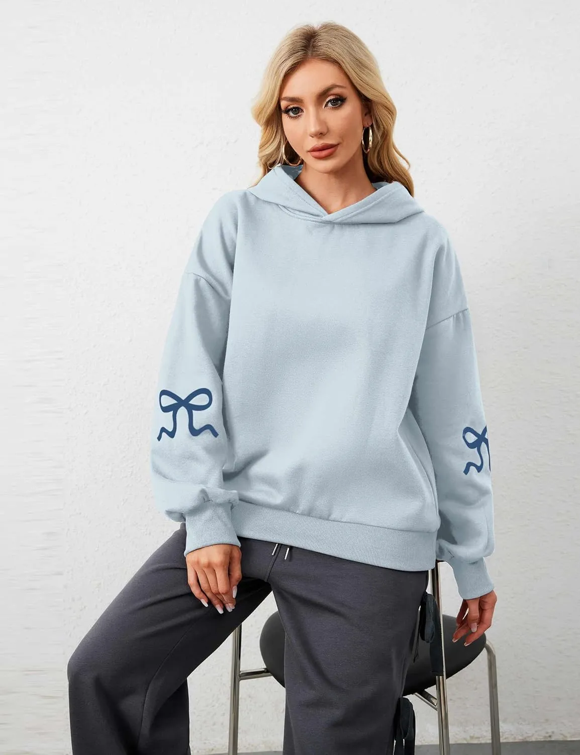 Livtany Women's Bow Trim Print Fleeced Hoodies Oversized Long Sleeve Hooded Sweatshirts Graphic Drop Shoulder Pullover Top