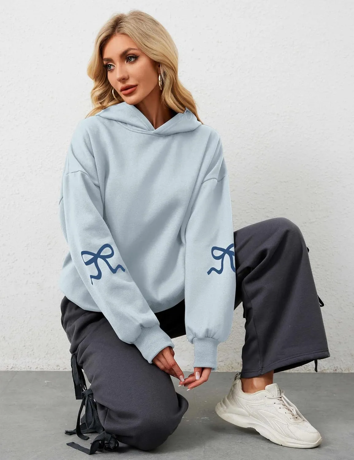 Livtany Women's Bow Trim Print Fleeced Hoodies Oversized Long Sleeve Hooded Sweatshirts Graphic Drop Shoulder Pullover Top