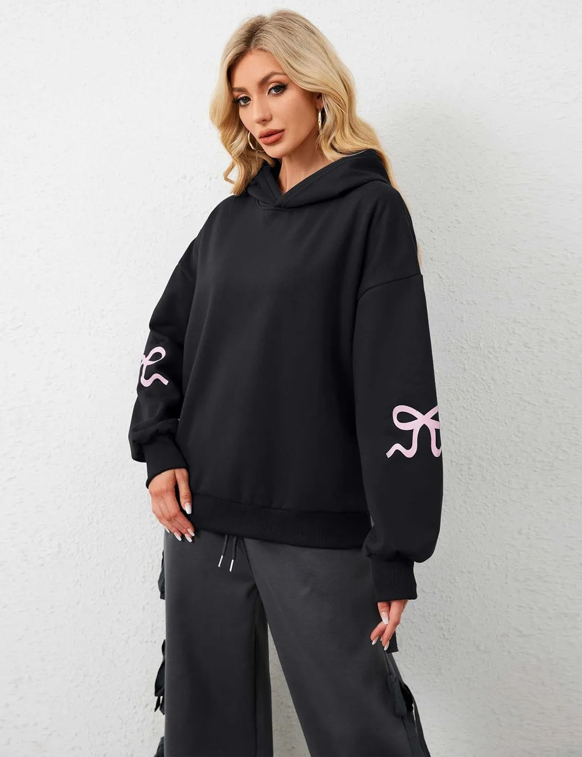 Livtany Women's Bow Trim Print Fleeced Hoodies Oversized Long Sleeve Hooded Sweatshirts Graphic Drop Shoulder Pullover Top