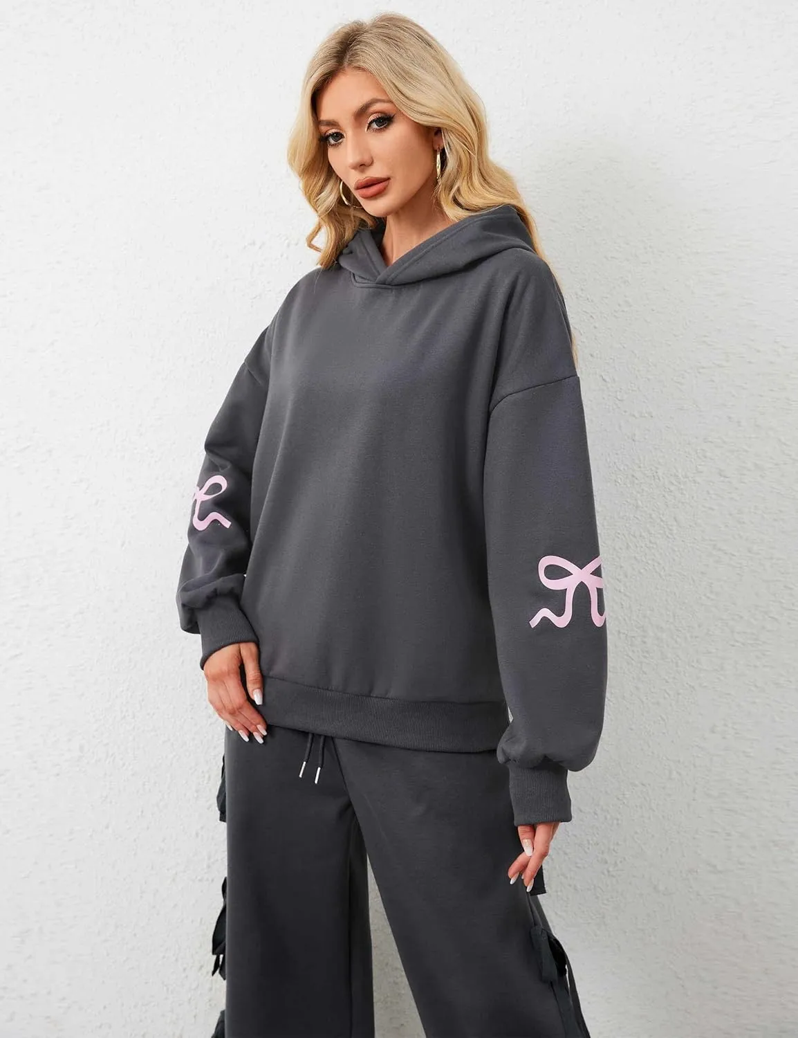 Livtany Women's Bow Trim Print Fleeced Hoodies Oversized Long Sleeve Hooded Sweatshirts Graphic Drop Shoulder Pullover Top