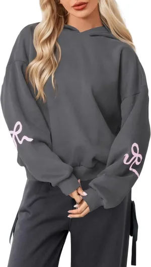 Livtany Women's Bow Trim Print Fleeced Hoodies Oversized Long Sleeve Hooded Sweatshirts Graphic Drop Shoulder Pullover Top