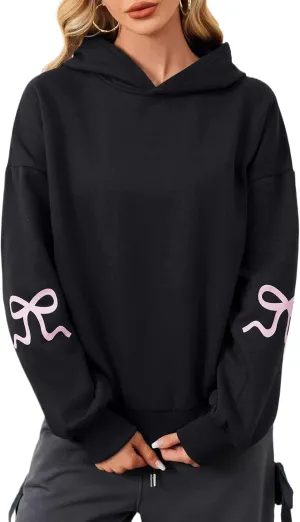 Livtany Women's Bow Trim Print Fleeced Hoodies Oversized Long Sleeve Hooded Sweatshirts Graphic Drop Shoulder Pullover Top