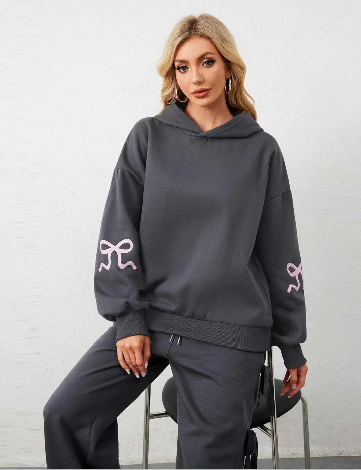 Livtany Women's Bow Trim Print Fleeced Hoodies Oversized Long Sleeve Hooded Sweatshirts Graphic Drop Shoulder Pullover Top