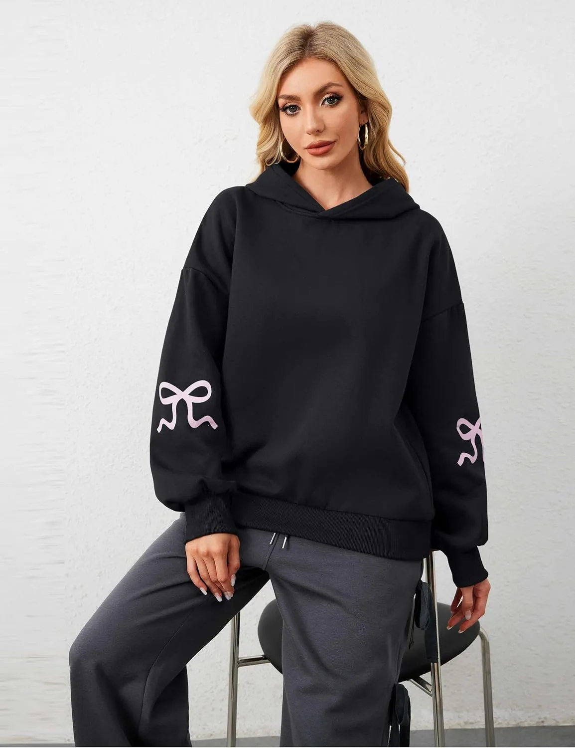Livtany Women's Bow Trim Print Fleeced Hoodies Oversized Long Sleeve Hooded Sweatshirts Graphic Drop Shoulder Pullover Top
