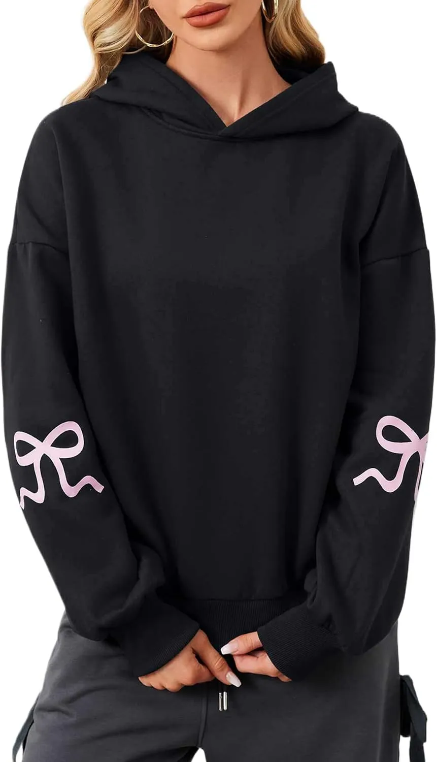 Livtany Women's Bow Trim Print Fleeced Hoodies Oversized Long Sleeve Hooded Sweatshirts Graphic Drop Shoulder Pullover Top