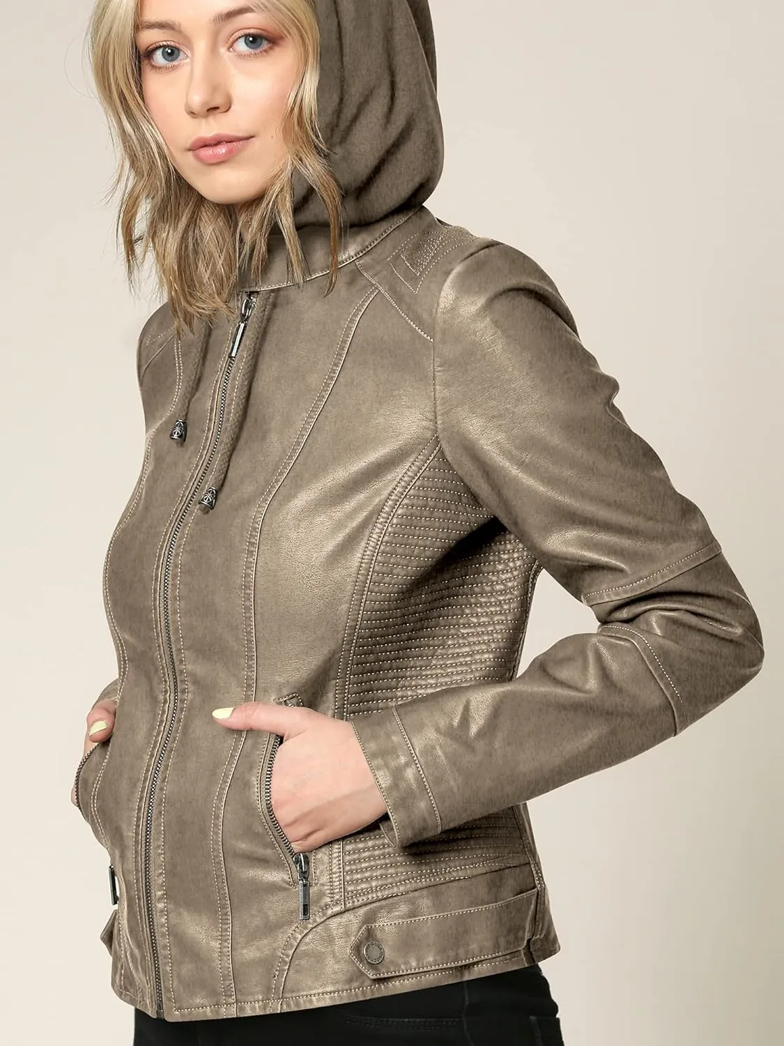 Lock and Love Women's Faux Leather Moto Biker Jacket Coat with Removable or Non-Removable Hood