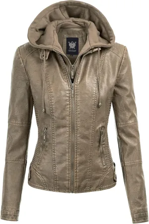 Lock and Love Women's Faux Leather Moto Biker Jacket Coat with Removable or Non-Removable Hood