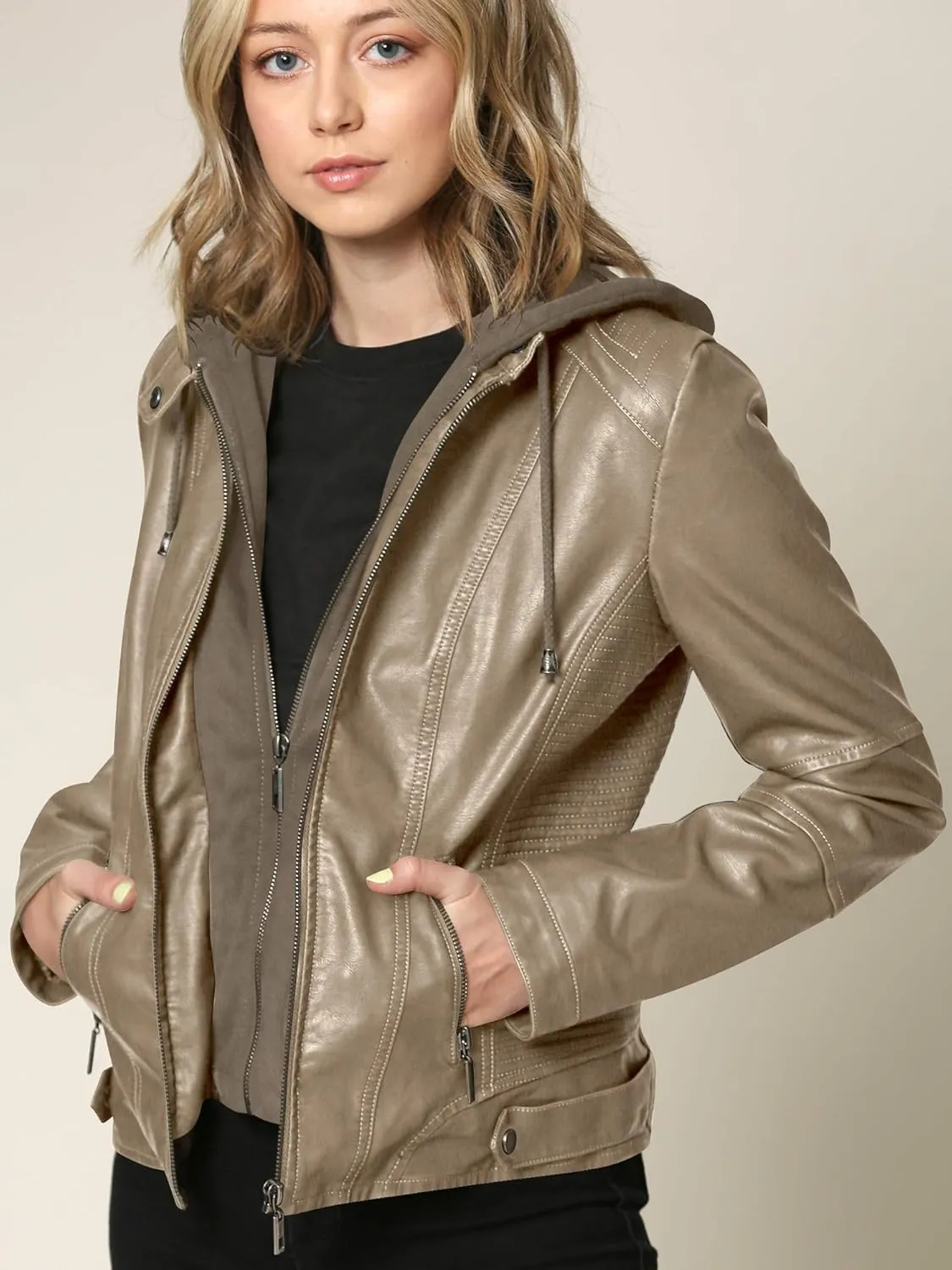 Lock and Love Women's Faux Leather Moto Biker Jacket Coat with Removable or Non-Removable Hood