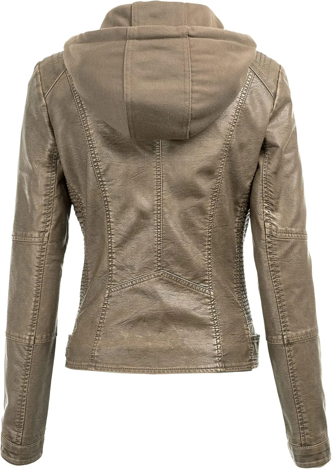 Lock and Love Women's Faux Leather Moto Biker Jacket Coat with Removable or Non-Removable Hood