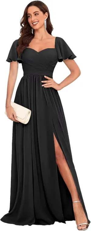 Long Chiffon Bridesmaid Dresses with Sleeves Elegant Sweetheart Formal Evening Gown for Women