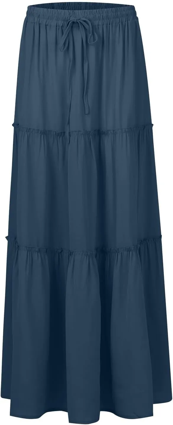 Long Skirts for Women Floral Maxi Skirt with Pockets Beach Flowy Midi Boho Skirt Casual Pleated High Waisted Skirts