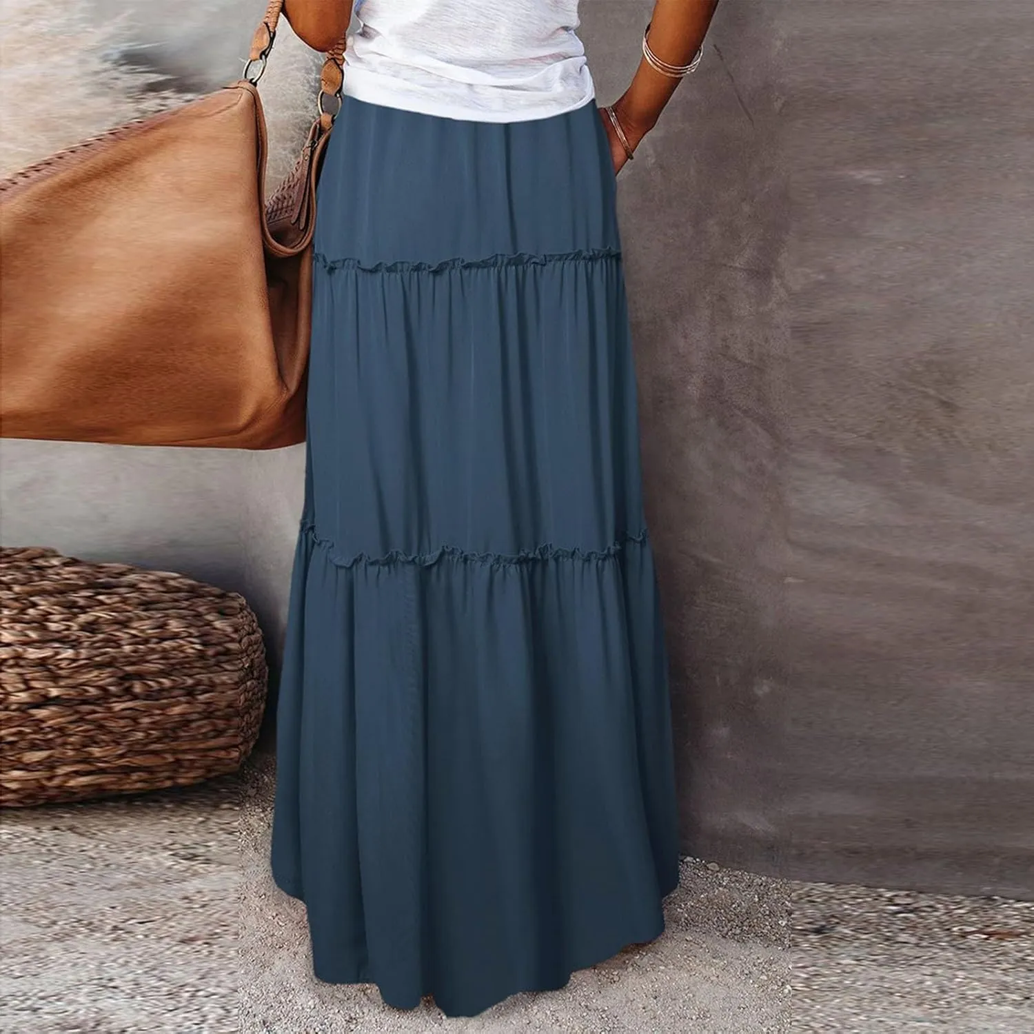 Long Skirts for Women Floral Maxi Skirt with Pockets Beach Flowy Midi Boho Skirt Casual Pleated High Waisted Skirts