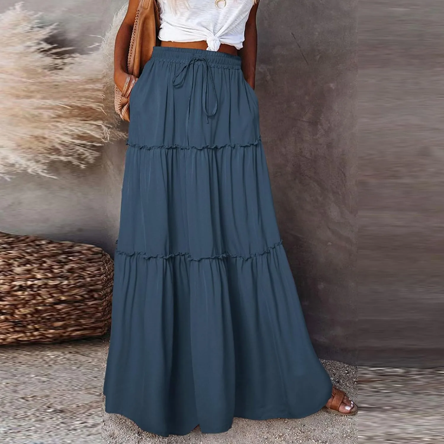 Long Skirts for Women Floral Maxi Skirt with Pockets Beach Flowy Midi Boho Skirt Casual Pleated High Waisted Skirts