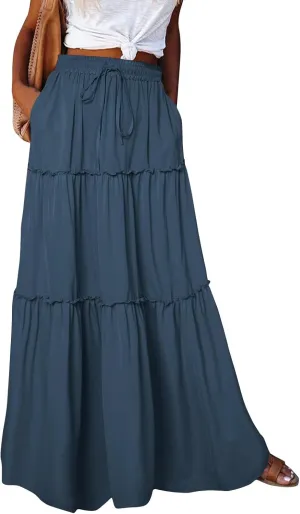 Long Skirts for Women Floral Maxi Skirt with Pockets Beach Flowy Midi Boho Skirt Casual Pleated High Waisted Skirts
