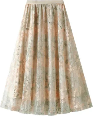 Long Skirts for Women Women's Floral Embroidered Double Mesh A-Line Midi Skirt 3D Posy Tulle Layered Maxi Skirt