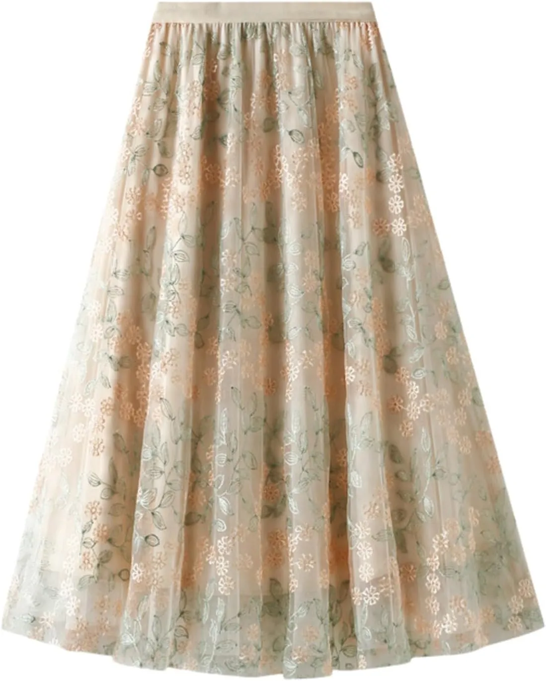 Long Skirts for Women Women's Floral Embroidered Double Mesh A-Line Midi Skirt 3D Posy Tulle Layered Maxi Skirt