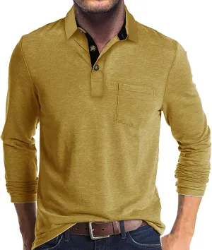 Long Sleeve Polo Shirts for Men Classic Button Down V Neck Collar Tees Solid Casual Stylish Tops with Pocket