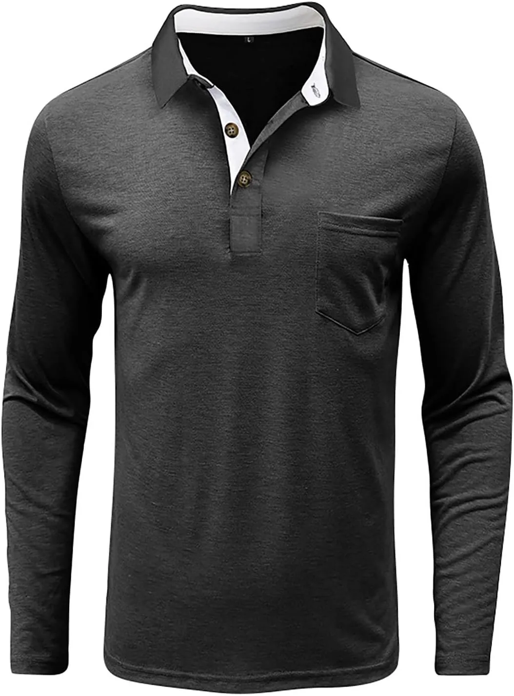 Long Sleeve Polo Shirts for Men Classic Button Down V Neck Collar Tees Solid Casual Stylish Tops with Pocket