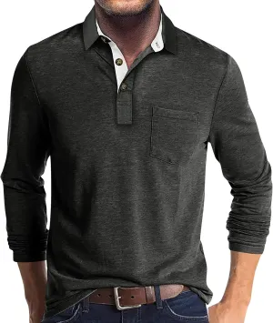Long Sleeve Polo Shirts for Men Classic Button Down V Neck Collar Tees Solid Casual Stylish Tops with Pocket