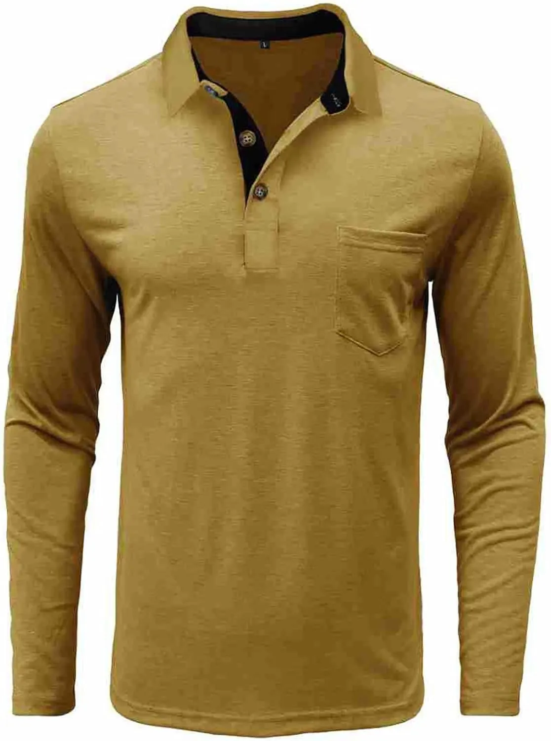 Long Sleeve Polo Shirts for Men Classic Button Down V Neck Collar Tees Solid Casual Stylish Tops with Pocket