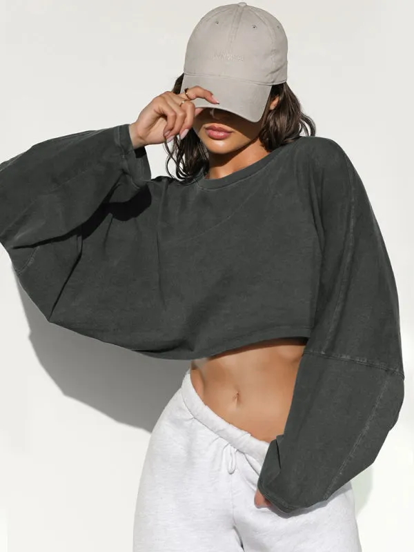 Loose Fit Cropped Round Neck Fashion Sweatshirt