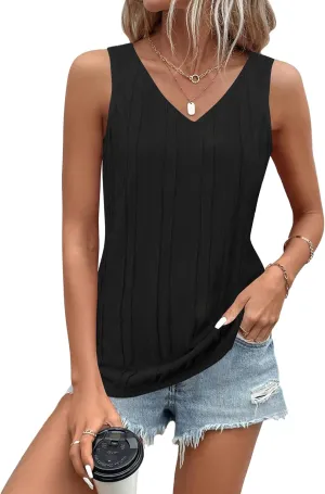 LUYAA Women's Summer V Neck Tank Tops Casual Textured Sleeveless Shirts Loose Basic Tanks
