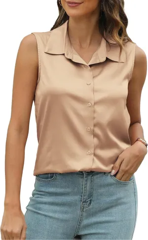 Mawor Womens Silk Satin Sleeveless Button Down Shirts Blouses Solid Casual Loose V Neck Classic Tank Tops for Work Office