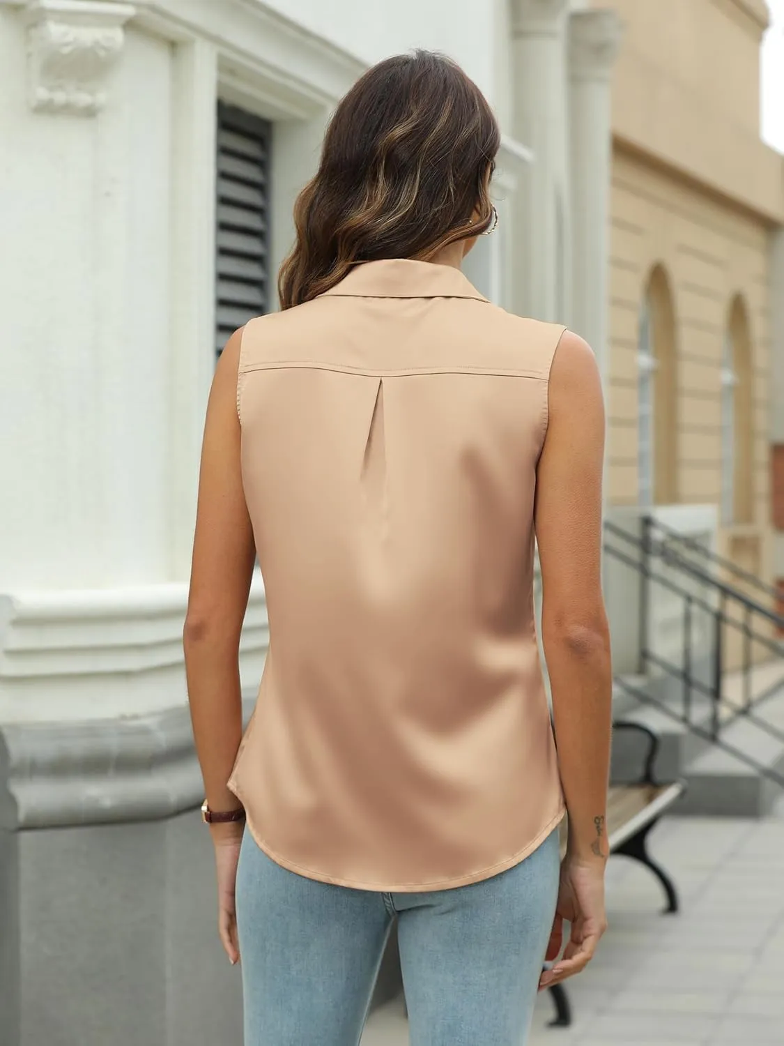Mawor Womens Silk Satin Sleeveless Button Down Shirts Blouses Solid Casual Loose V Neck Classic Tank Tops for Work Office