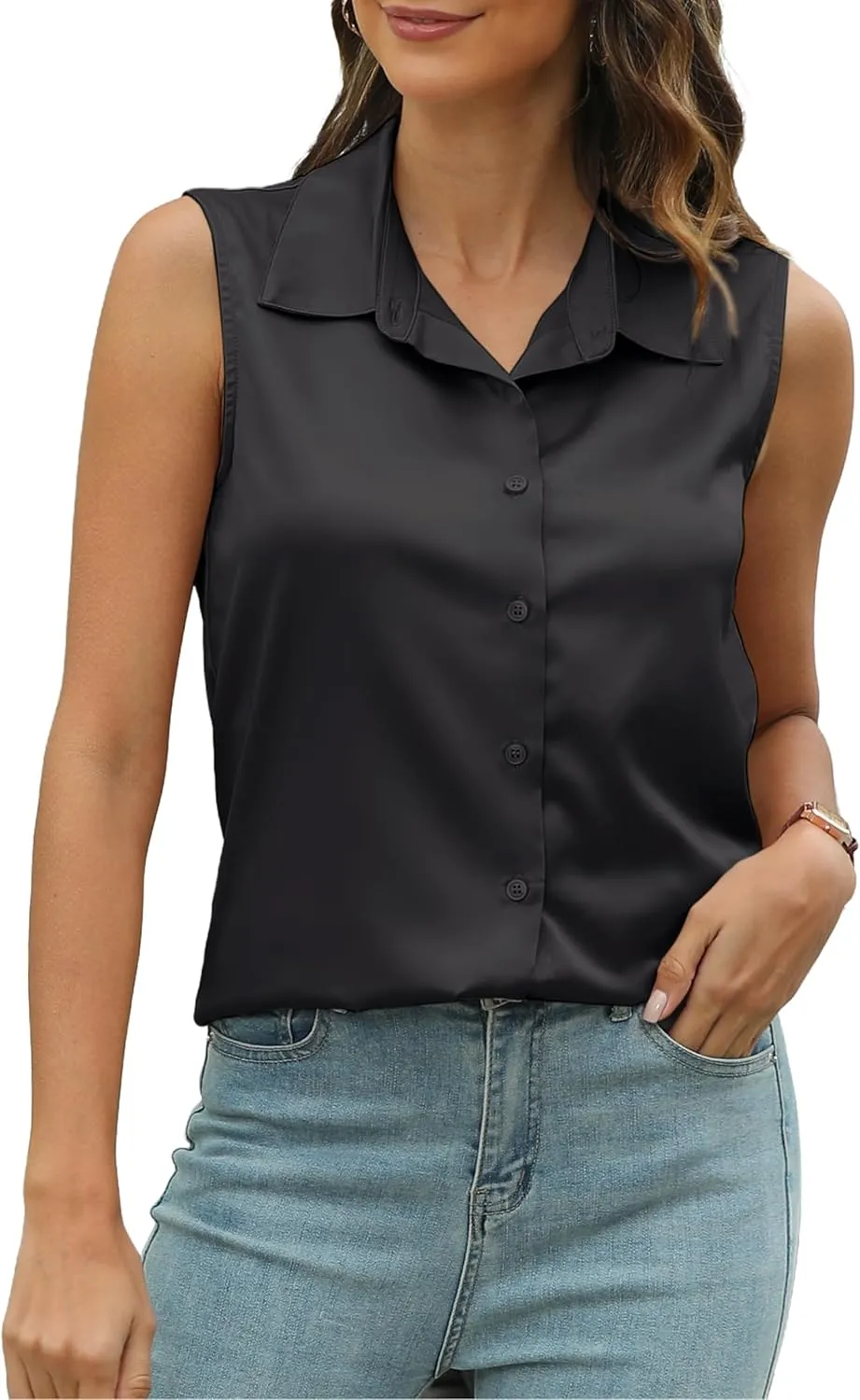 Mawor Womens Silk Satin Sleeveless Button Down Shirts Blouses Solid Casual Loose V Neck Classic Tank Tops for Work Office
