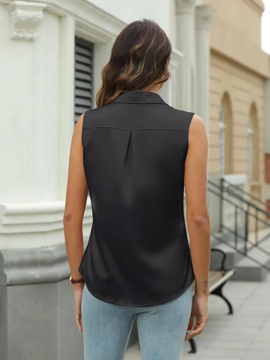 Mawor Womens Silk Satin Sleeveless Button Down Shirts Blouses Solid Casual Loose V Neck Classic Tank Tops for Work Office