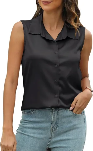 Mawor Womens Silk Satin Sleeveless Button Down Shirts Blouses Solid Casual Loose V Neck Classic Tank Tops for Work Office
